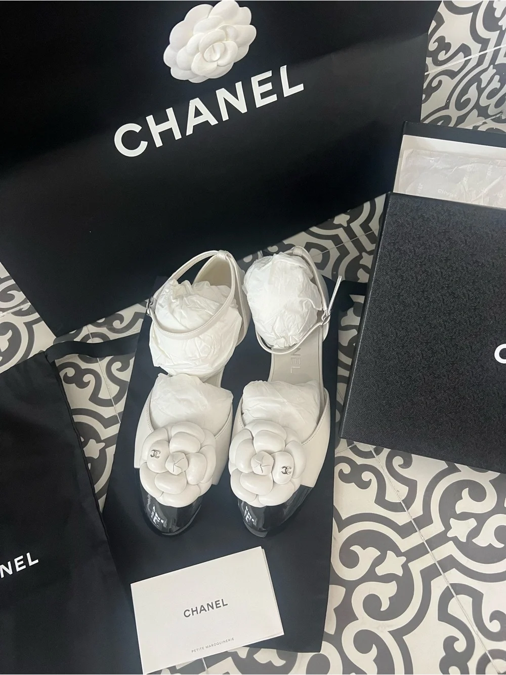 NEW CHANEL White Leather Camellia Mary Jane Mules with Black Cap Toe